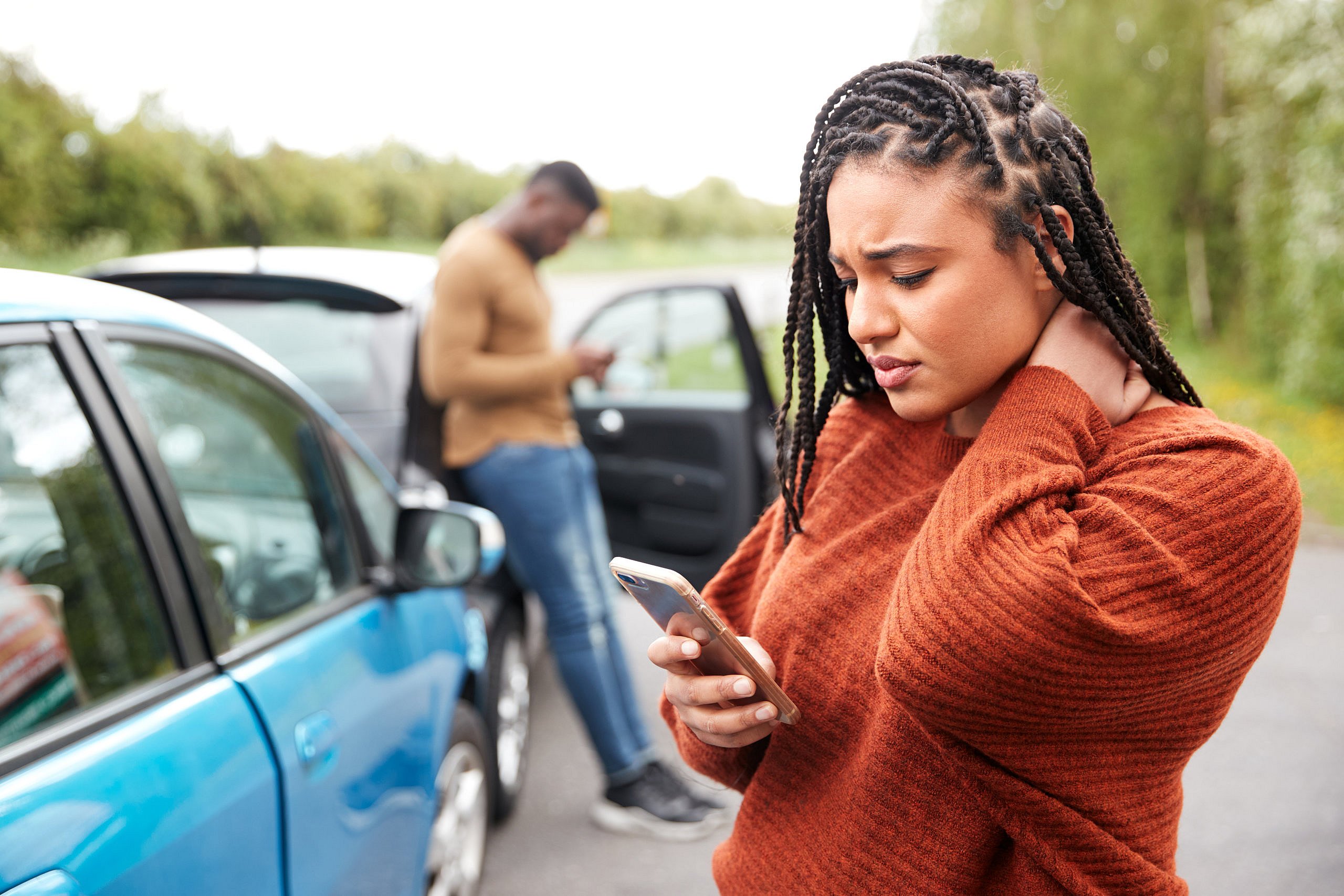 Woman with a neck injury after a rear-end collision.